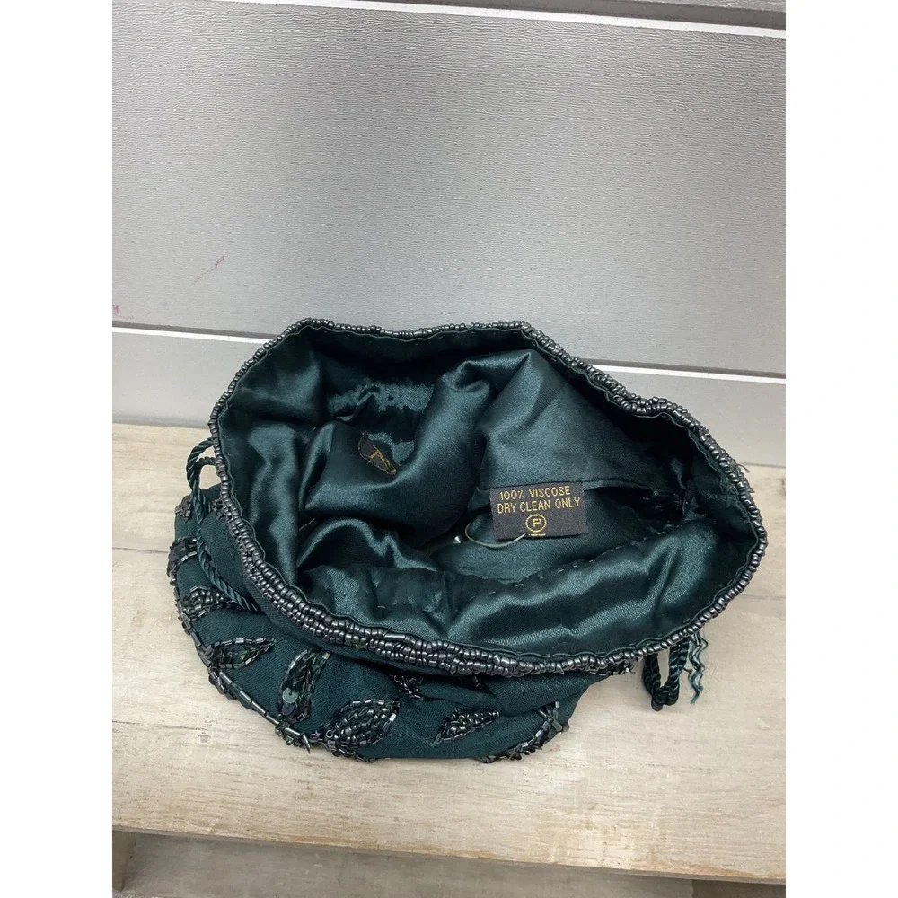 Accessorize Dark Green Beaded Leaf Drawstring Evening Pouch Bag Viscose